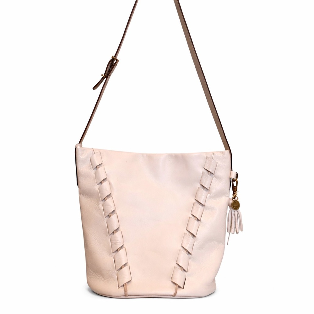 The Sak Cream Leather Bucket Bag Tassel Shoulder Bag Boho Minimalist - Picture 8 of 13